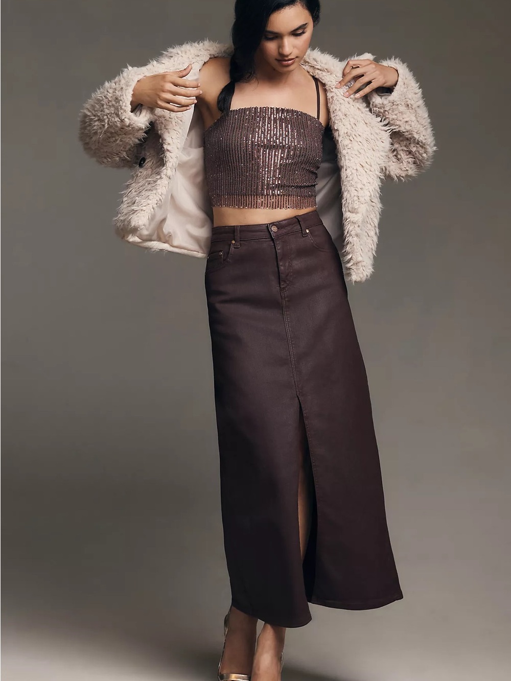 Pilcro Madi Front Slit Burgundy Coated Denim Maxi Skirt